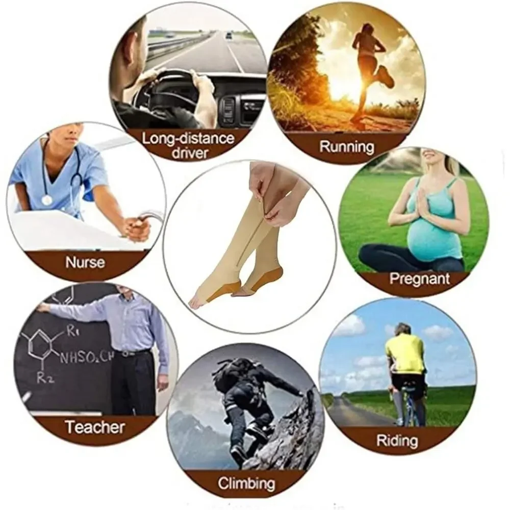 3 Pairs Zipper Compression Socks Women Open Toe Black L/XL